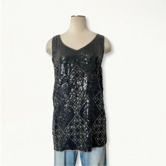 Vintage Tops - Vintage 100% Silk Full Sequin Geometric Beaded Sleeveless Top Size 12